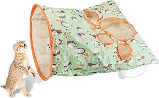 Andiker Cat Toy for Indoor Cats, 13x17x12In Foldable Cat Tunnel Bags with Play Hairballs Colorful Cat Interactive Toys with Cute Pattern to Kill Time for Cat Gifts & Cat Lovers (Green Hedgehog)