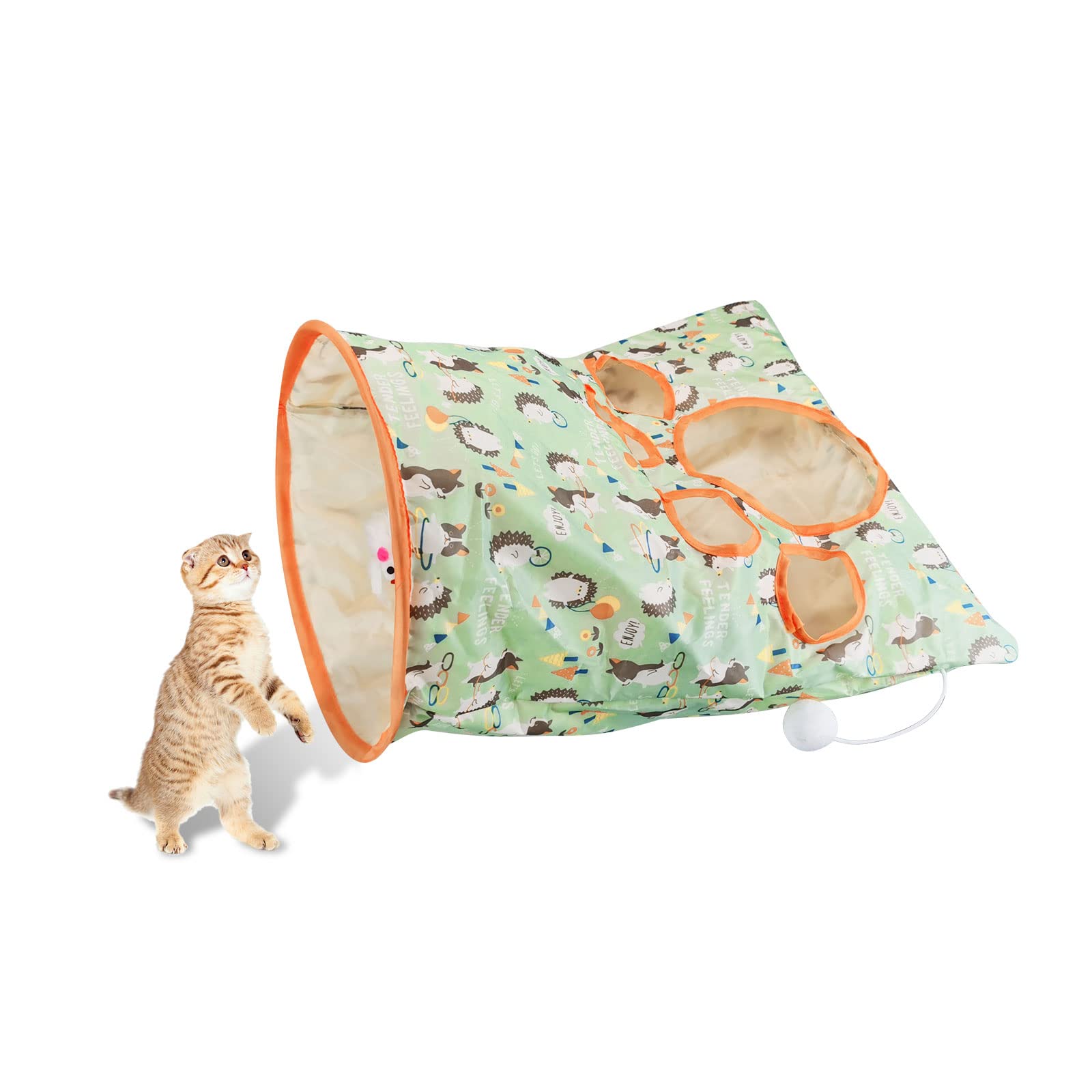 Andiker Cat Tunnel Bags for Indoor Cats, 13x17x12In Foldable Cat Crinkle Bag with 3 White Plush Balls and 1 Mouse 5 Holes for Kitten to Hide and Catch