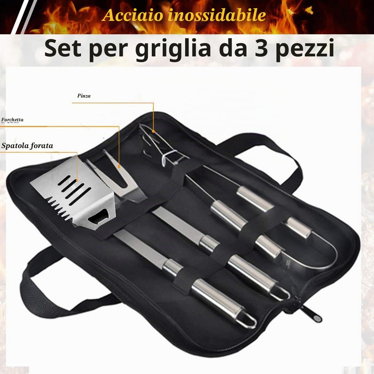 Set di Utensili Barbecue, 3 Pezzi Kit di Accessori per Barbecue Set - Completo Attrezzi BBQ in Acciaio Inossidabile Posate per Campeggio/Regalo per Natale, Compleanno, Regalo di papà Ideale per