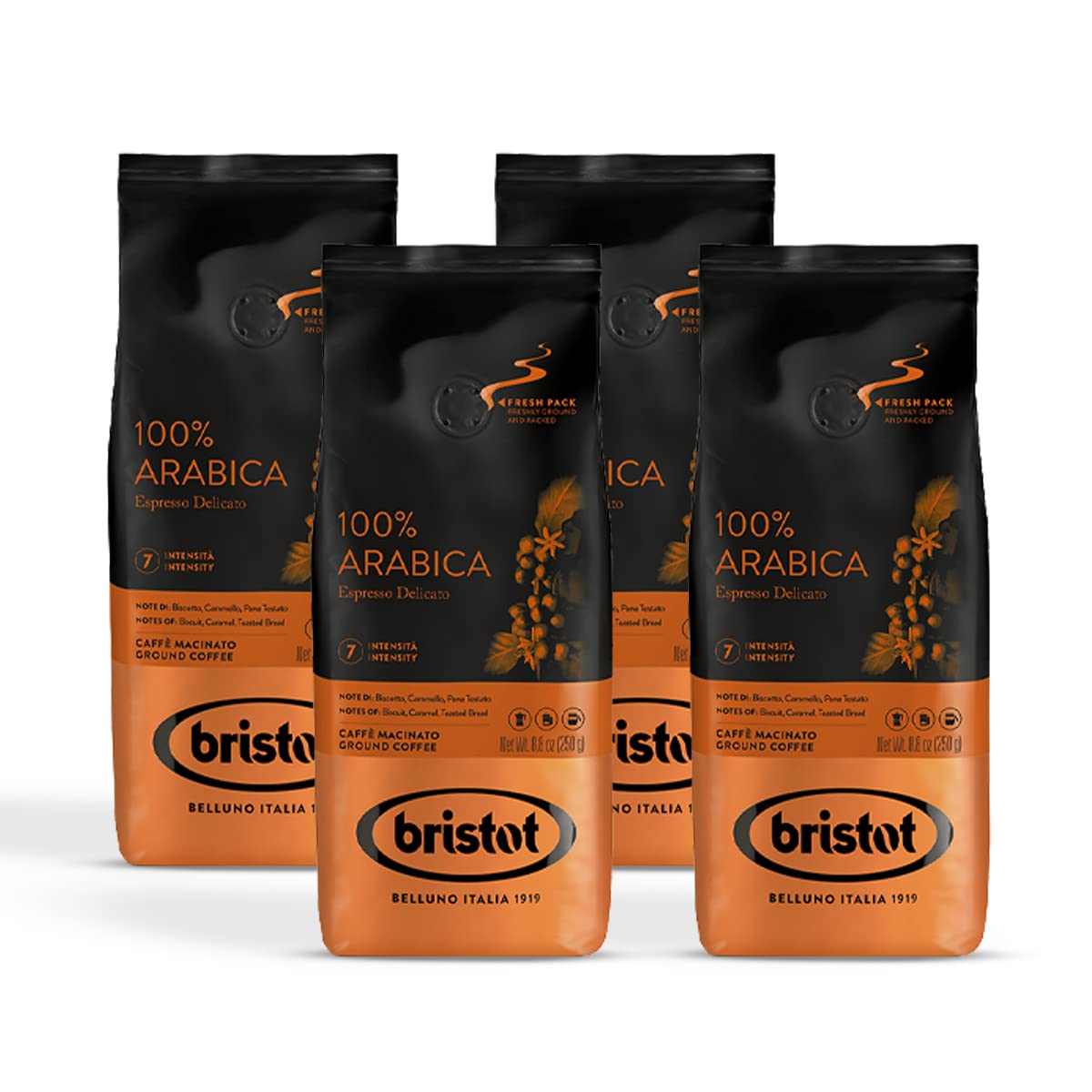 Bristot, Caffè Macinato 100% ARABICA - Totale 1 kg - Caffè in Polvere per Moka, Miscela dal Brasile e Centro AmericaLieve Acidità e Moderata Intensità - Set da 4 Confezioni da 250g