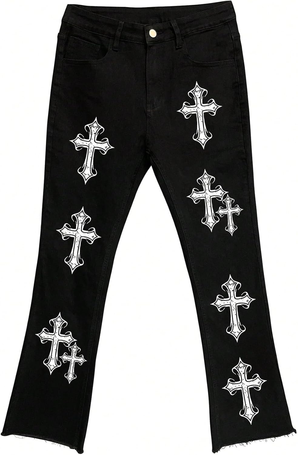 WDIRARA Men's Cross Graphic Jeans Raw Hem Long Denim Pants Streetwear - Image 6