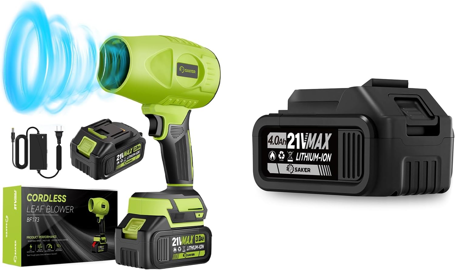 Saker Cordless Leaf Blower Portable Dust Cleaner Handheld Turbo Jet Blower 180000 RPM Air Duster with Adjustable Speed for Drying Patio Cleaning 3 Batteries Green