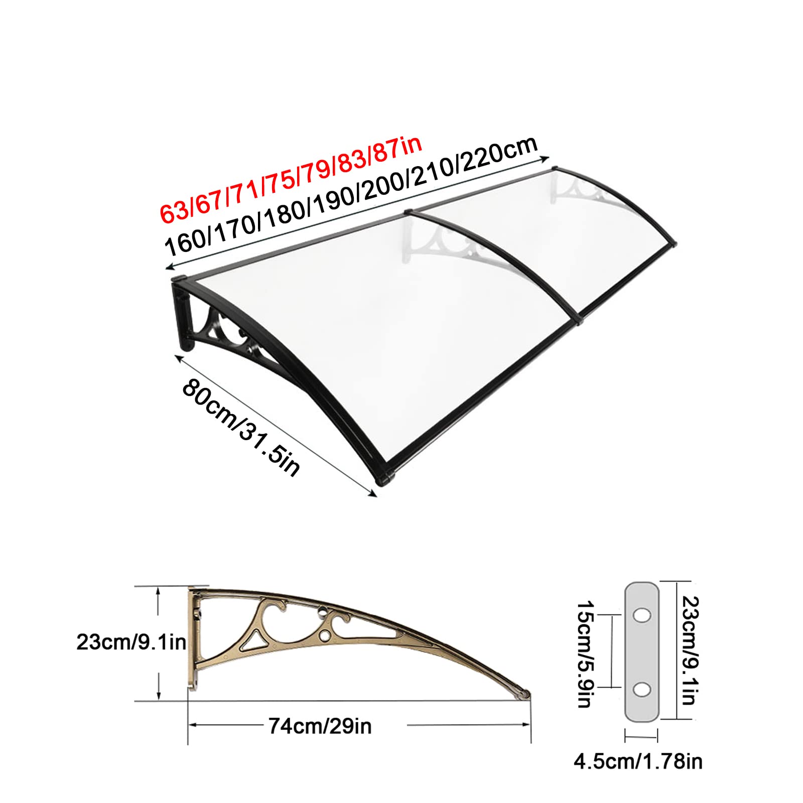 Toldo para puerta, toldo curvo para puerta delantera, cubierta para refugio contra la lluvia para ventana exterior, toldos para techo, protección contra la nieve UV, tablero de policarbonato transpar