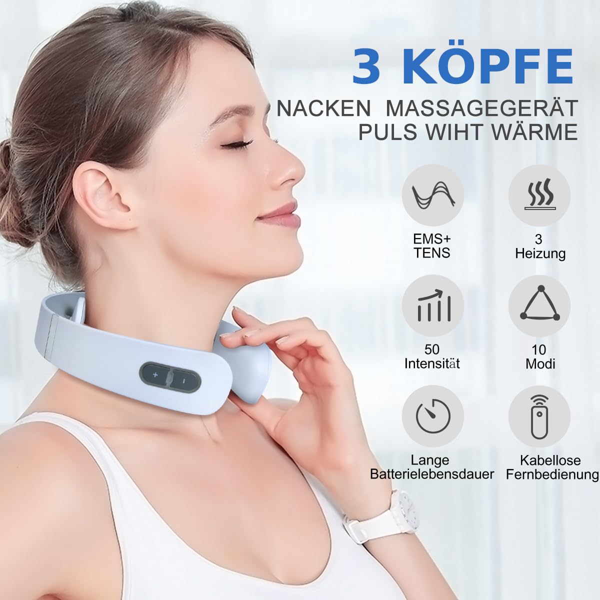Auxoliev Nackenmassagegerät Kabellos Tragbar Elektrisch, Weiß | 42°C Wärmetherapie, 9 Modi, 50 Intensitätsstufen, Intelligente Elektrische Impulse, Gegen Schmerzen