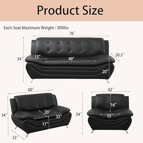 Miniatura 2 de Moderno conjunto de sofá seccional de cuero de 3 piezas sofá de 6 plazas, sofá biplaza y sillón con tapizado de cuero sintético y estructura