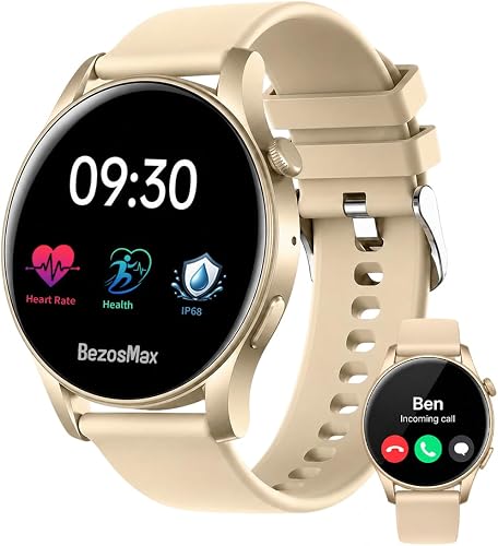 BezosMax KC88 Smart Watch with Bluetooth Calling for Android/iPhone, 100+ Sport Modes Fitness AI Assistant Sport Tracker, 1.43'' AMOLED Smarwatch with Sleep/Heart Rate Monitor (Gold)