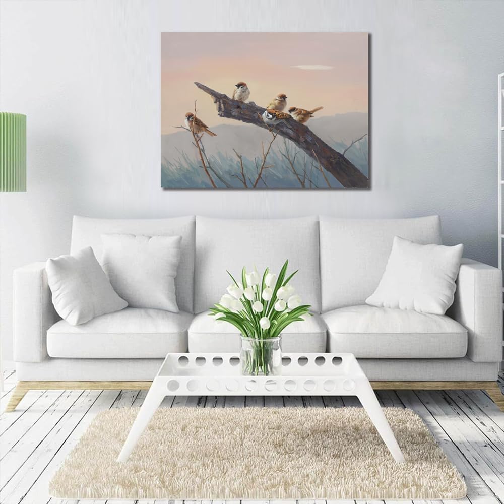 Sense&Sensitivity Arts-Vintage Bird Canvas Wall Art Sparrow Birds on Branch Decor Farmhouse Country Wall Decor for Living Room Kitchen Bathroom Office Hallway, 32 x 24 Inch