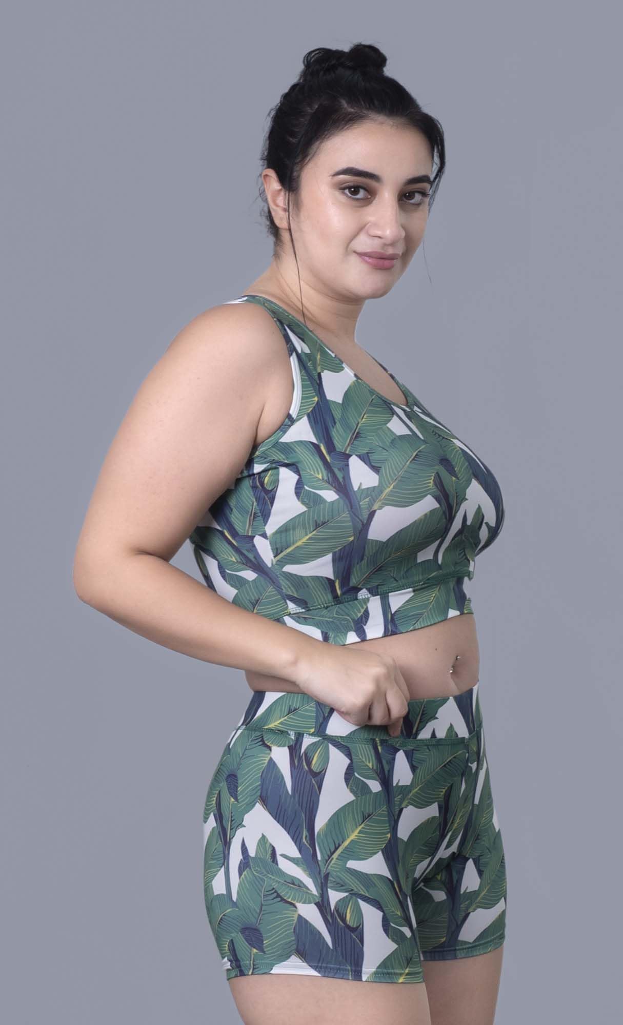 Keepfit Green Round Neck Sleeveless`Tropical Printed Plus Size Swim Set for Women & Girls |Swimming Suit for Women 1