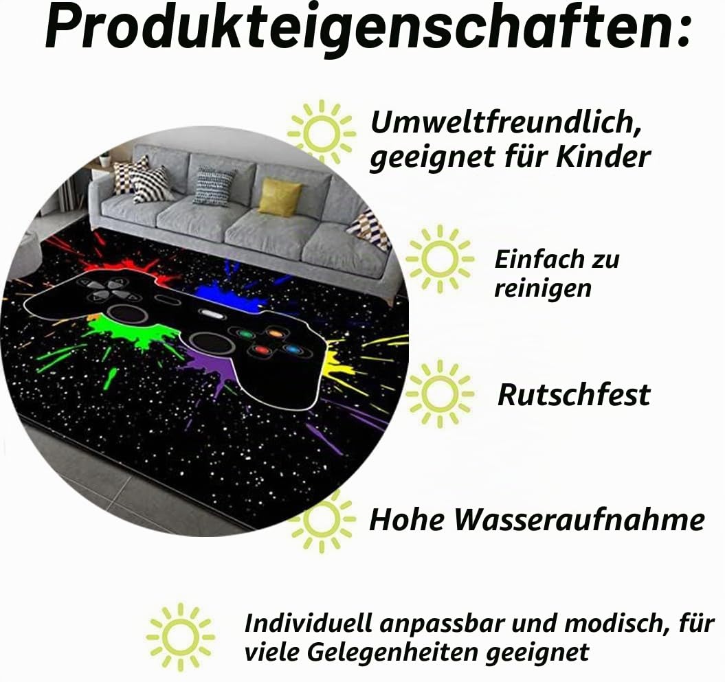 Gamer Controller Teppiche rutschfeste Fußmatte Home Runner für Wohnzimmer Schlafzimmer Kinder Spiel Krabbelmatte Teenager Junge Graffiti Spielkonsole Großer Rugs (Schwarz,140x200 cm)