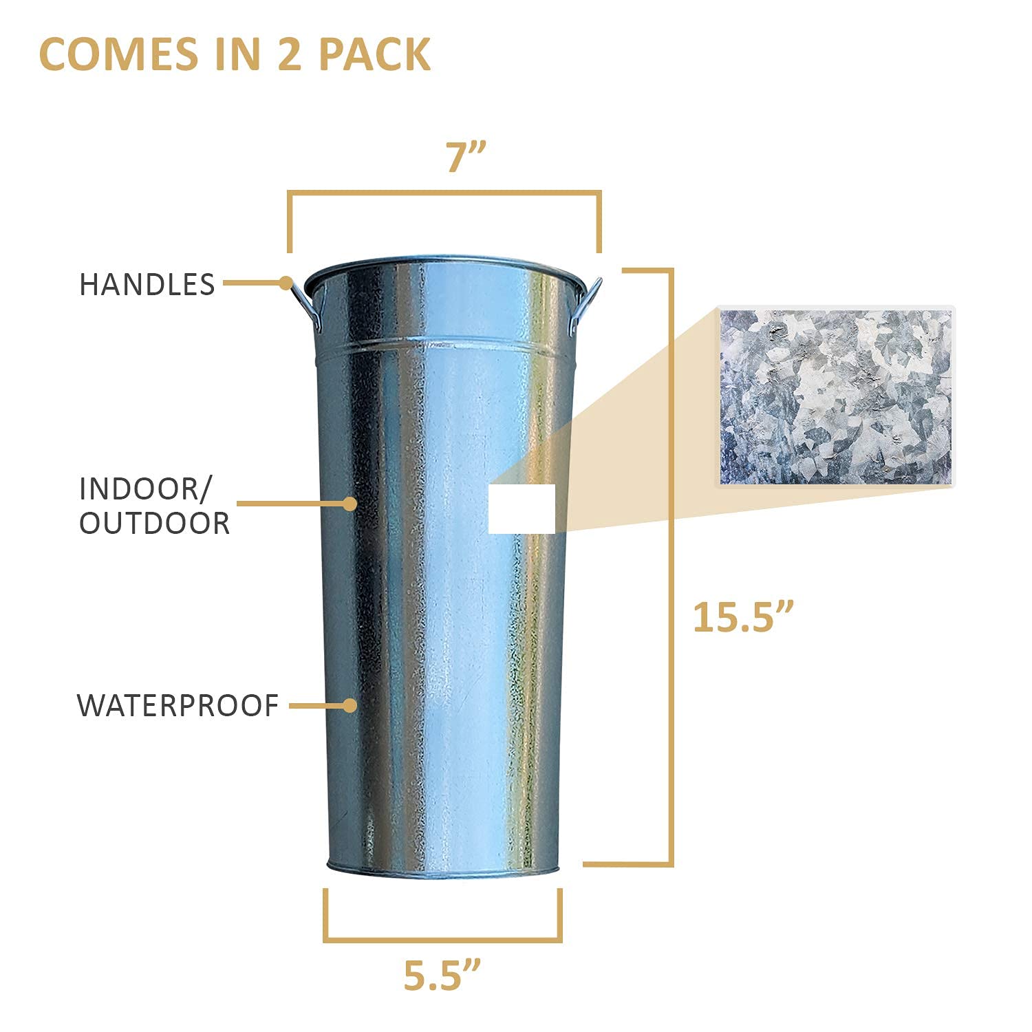 Tavenly 15" Galvanized Vase 2 Pack of Sparkler Bucket Tall Vases for