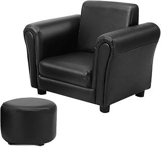 Costzon Children Sofa with Footstool, Kids Sofa with ASTM & CPSIA Certification, Mini Couch for Toddler with Load-Bearing of 100LBS, Ergonomic Design Armchair with Armrest and Backrest (Black)