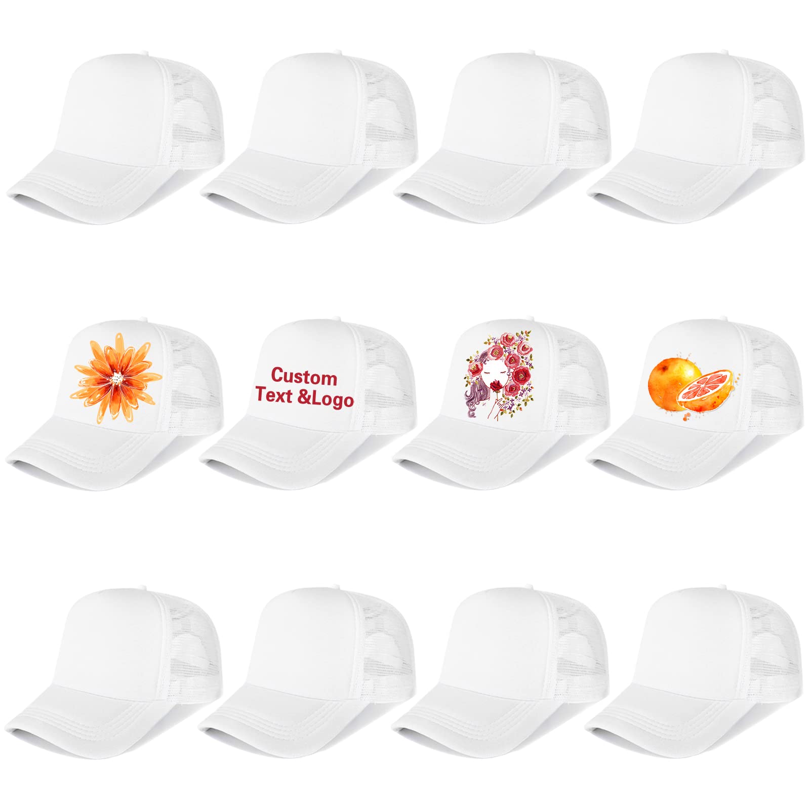 Ultrafun 12 Pack Unisex Sublimation Blank Baseball Hats Polyester Plain Mesh Caps Trucker Hat for Sublimation Printing Custom