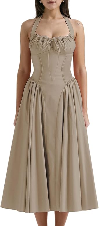 Womens Summer Floral Halter Neck Backless Corset Dress Lace Up Square Neck Midi Dress A-Line Flowy Beach Sundress