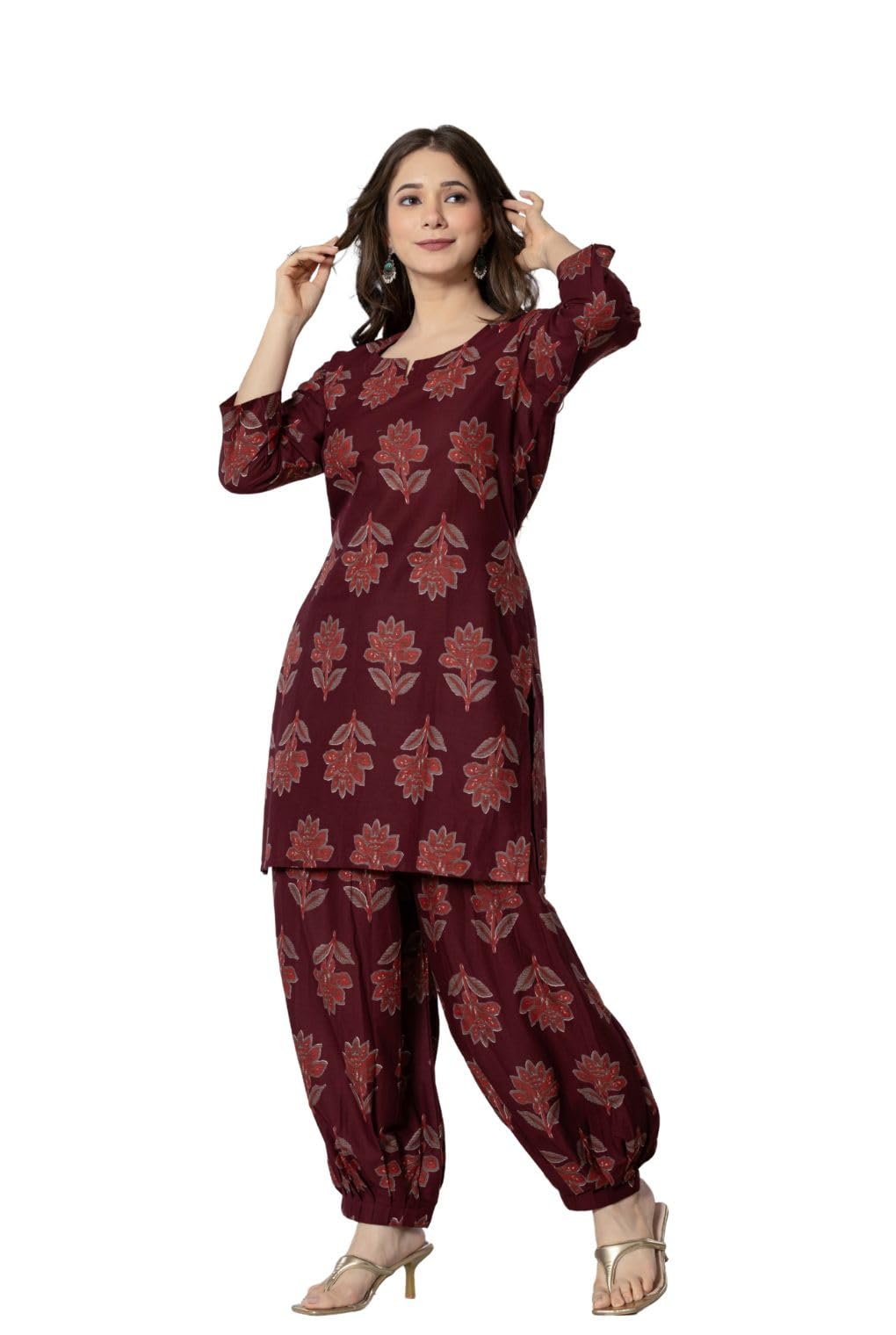 Rytras Women's Pure Cotton Printed Straight Kurta Set With Palazzo Pants - Ethnic Wear, Maroon(Ryt593,L)