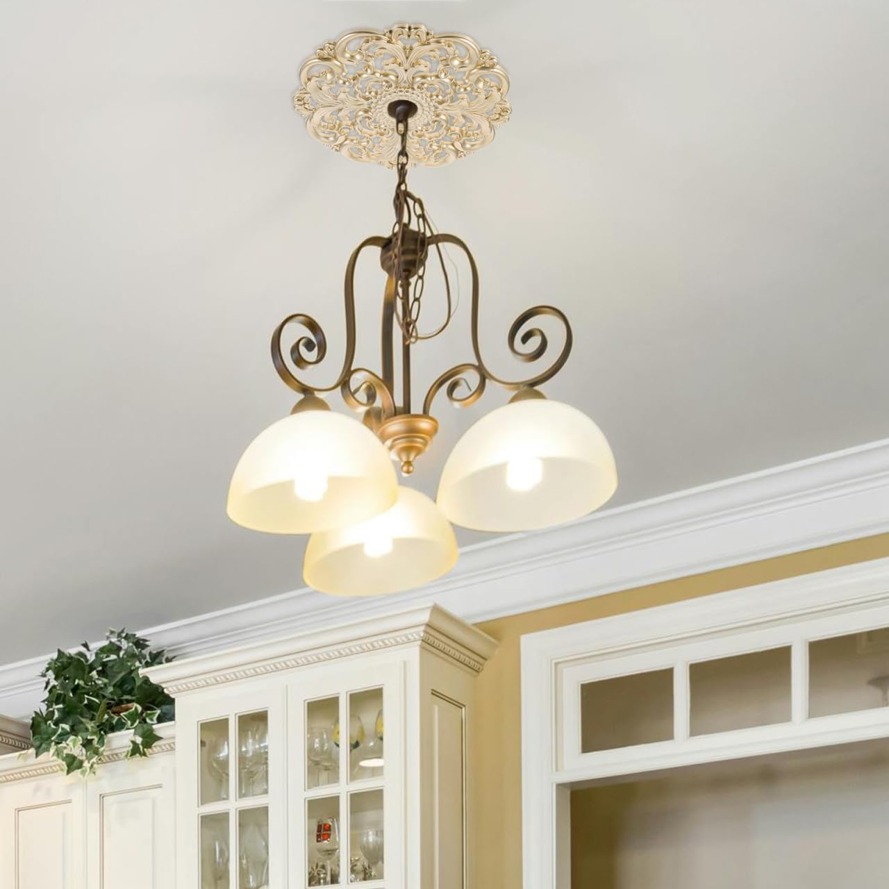 Decorative Ceiling Medallion Round Base 12 Inch Ceiling Light Medallion with Artistic Floral Corner Design for Living Room Dining Bedroom
