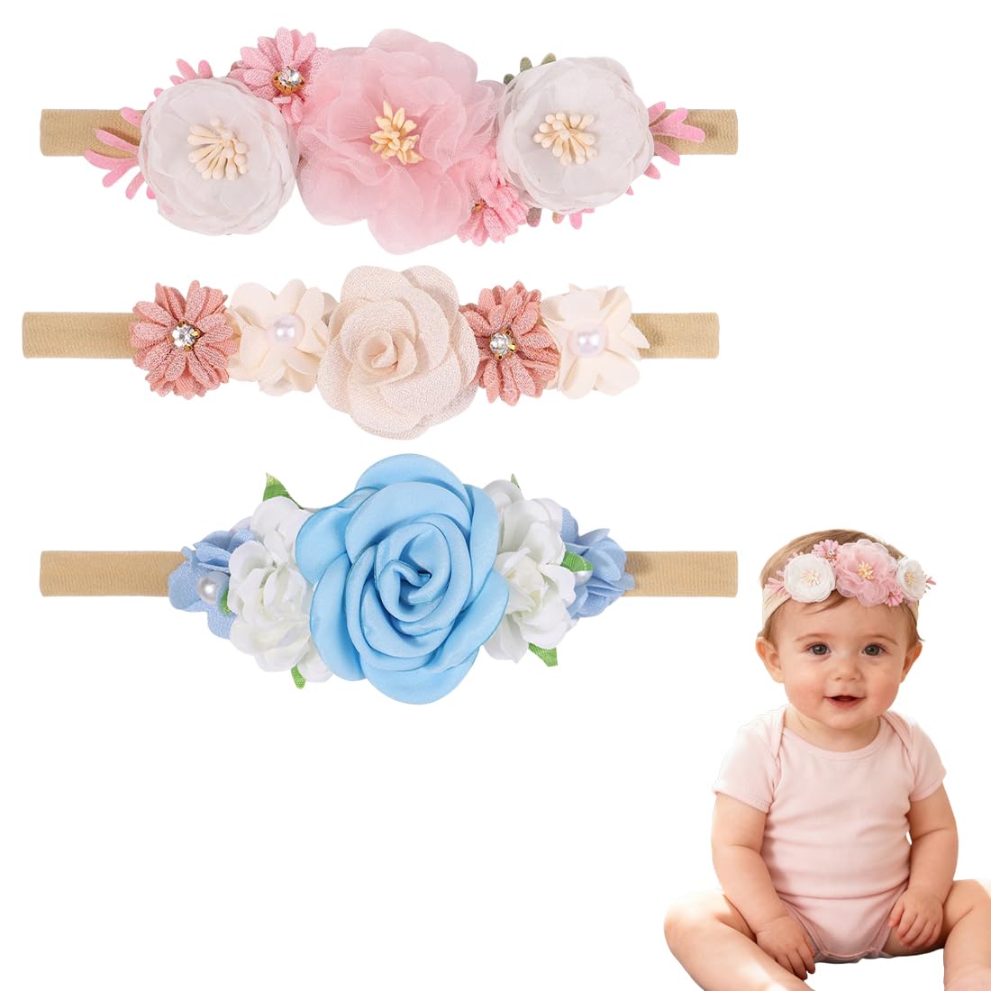Set 3 Fasce Capelli Neonato – Fascia elastica morbida con fiocchi e fiori, Accessori capelli bambina per foto, uso quotidiano e idea regalo