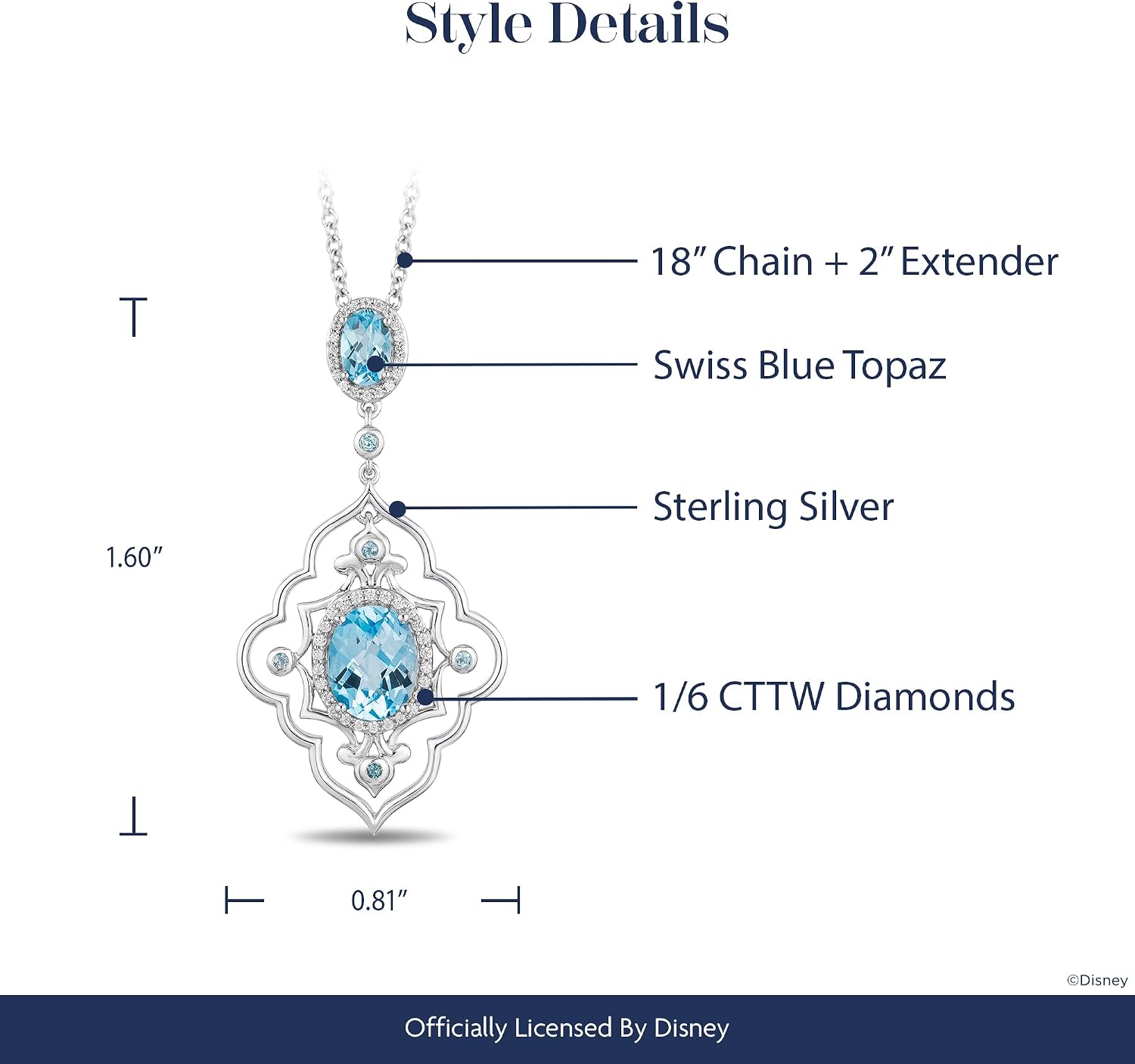 Jewelili Enchanted Disney Fine Jewelry Sterling Silver 1/6 Cttw Diamond and Swiss Blue Topaz Jasmine Arabesque Pendant