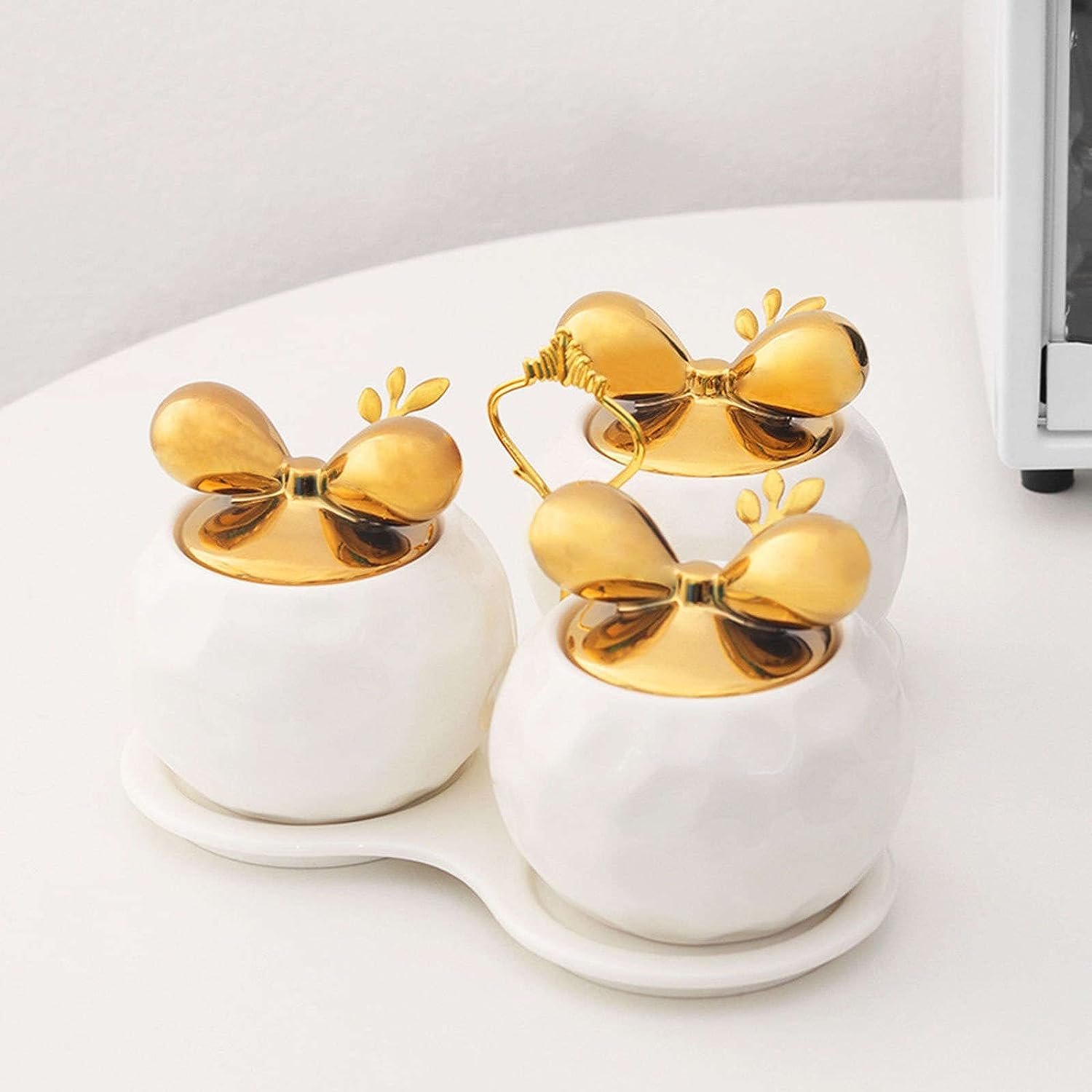 Gewürze Aufbewahrung Keramik-Gewürzbehälter Mit Löffel, Deckel Und Tablett, Gewürzschüssel-Set, Gewürz-Organizer, Heimküche Gewurzglaeser Gewürzglas(White)