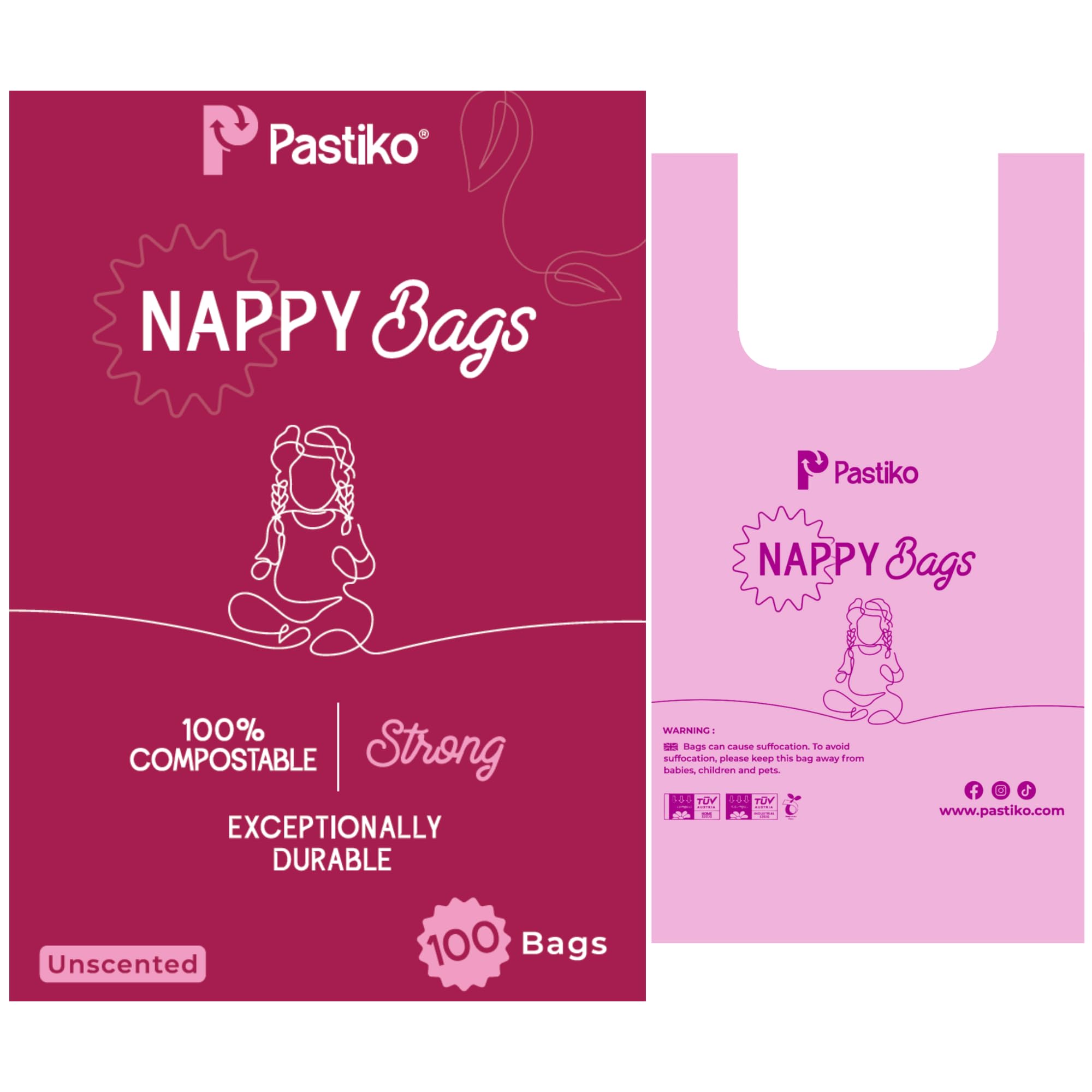Pastiko Baby Essentials for Newborn, 100% Compostable Nappy Bags, 100 Pack