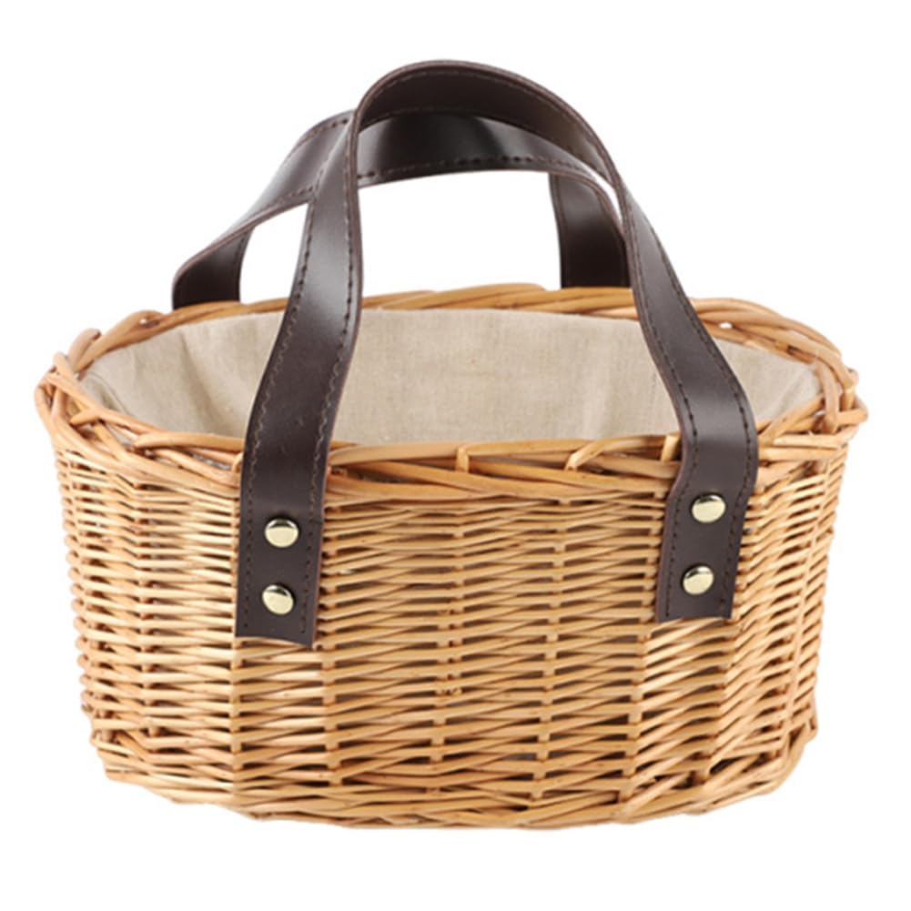 UDSKNV[KSL Handmade Willow Hamper for Various Occasions, Elegant Wicker Picnic Basket with Double Leather Handles
