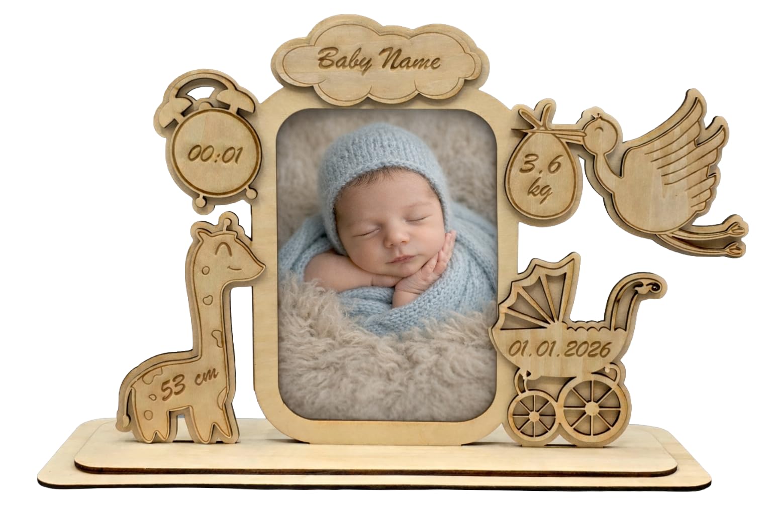 Personalisierter Baby Bilderrahmen aus Holz – Neugeborenen Erinnerungsrahmen mit Name, Geburtsdatum, Uhrzeit, Gewicht & Größe – 10×15 cm Foto – Geschenk zur Geburt