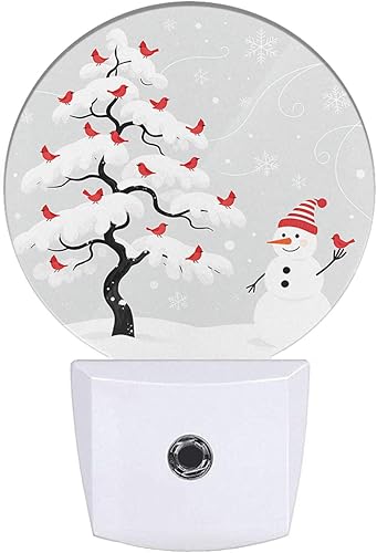 EKOBLA Luz nocturna de muñeco de nieve, copos de nieve de invierno, cardenales en árbol de Navidad nevado, luces nocturnas enchufables con sensor de