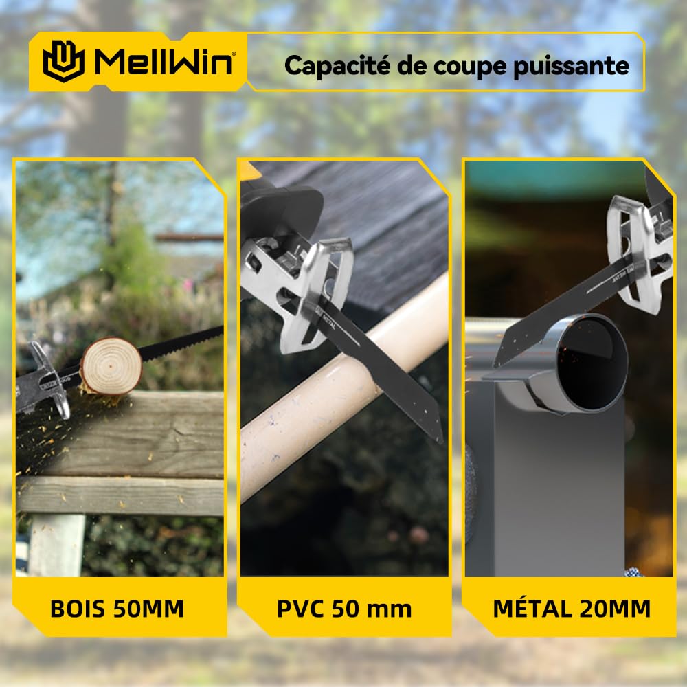 Sierra de vaivén con motor sin escobillas, 0-12000 SPM, sierra universal con carrera de 15 mm, cambio de hoja sin herramientas, capacidad de corte: madera 50 mm, metal 20 mm – 2 baterías
