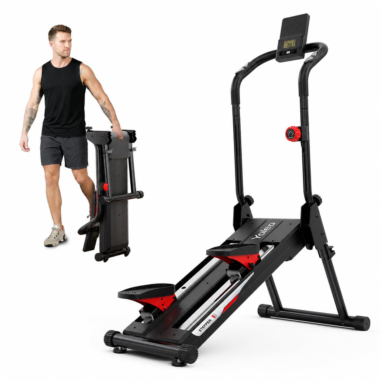 YOLEO Magnetischer Stair Stepper für Zuhause, 16-stufiger Widerstand, klappbarer Treppensteiger mit 71 cm Schrittlänge, leiser Heimtrainer mit Handlauf, Pulssensor & LCD