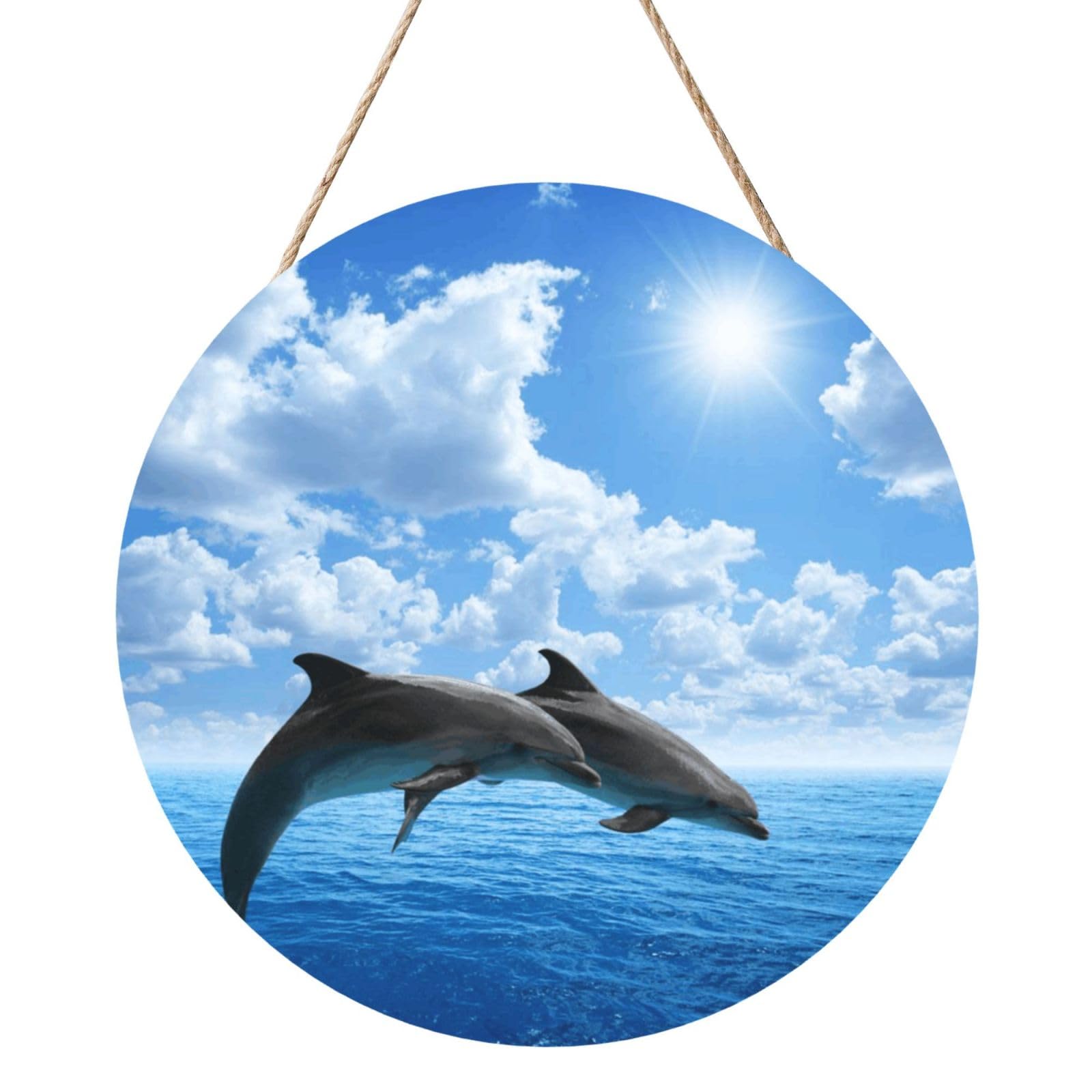 InOmak Two Dolphins, Round Wood Panel Painting 12 in, Wall Hanging Painting For Home