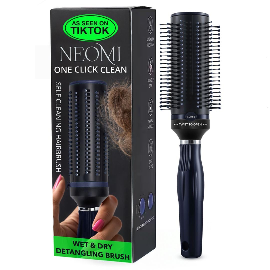 Detangler Brush for Women - Curly Hair Blow Dryer Round Brush for Blow Out - Self Cleaning Roller Retractable Travel Hairbrush - Navy Blue Gifts