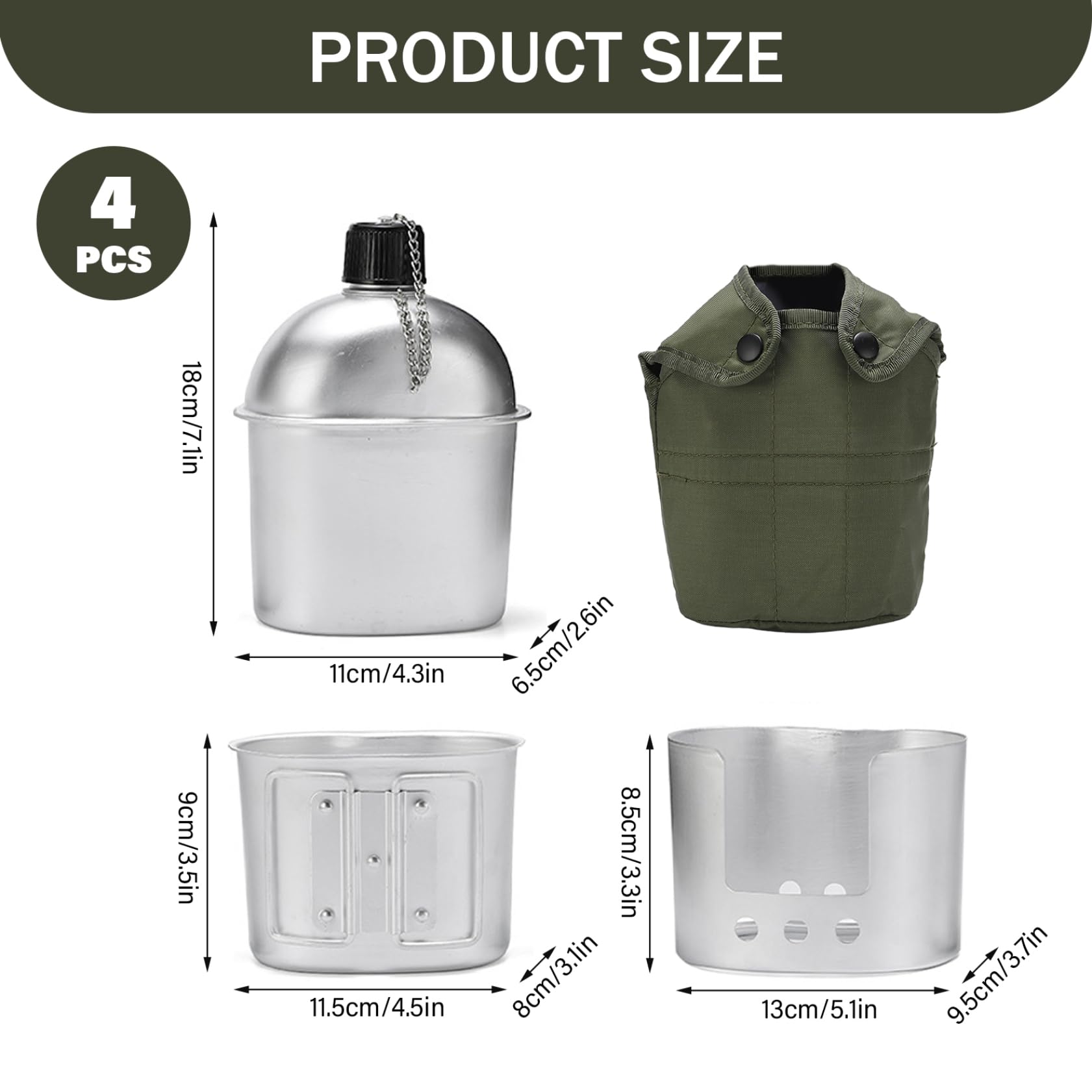 Kit de cantimplora, cantimplora de Metal de Aluminio de 850 ml con Taza y Estufa, Juego Completo de cantimploras Militares para Acampar, Hacer Senderismo y Aventuras al Aire Libre