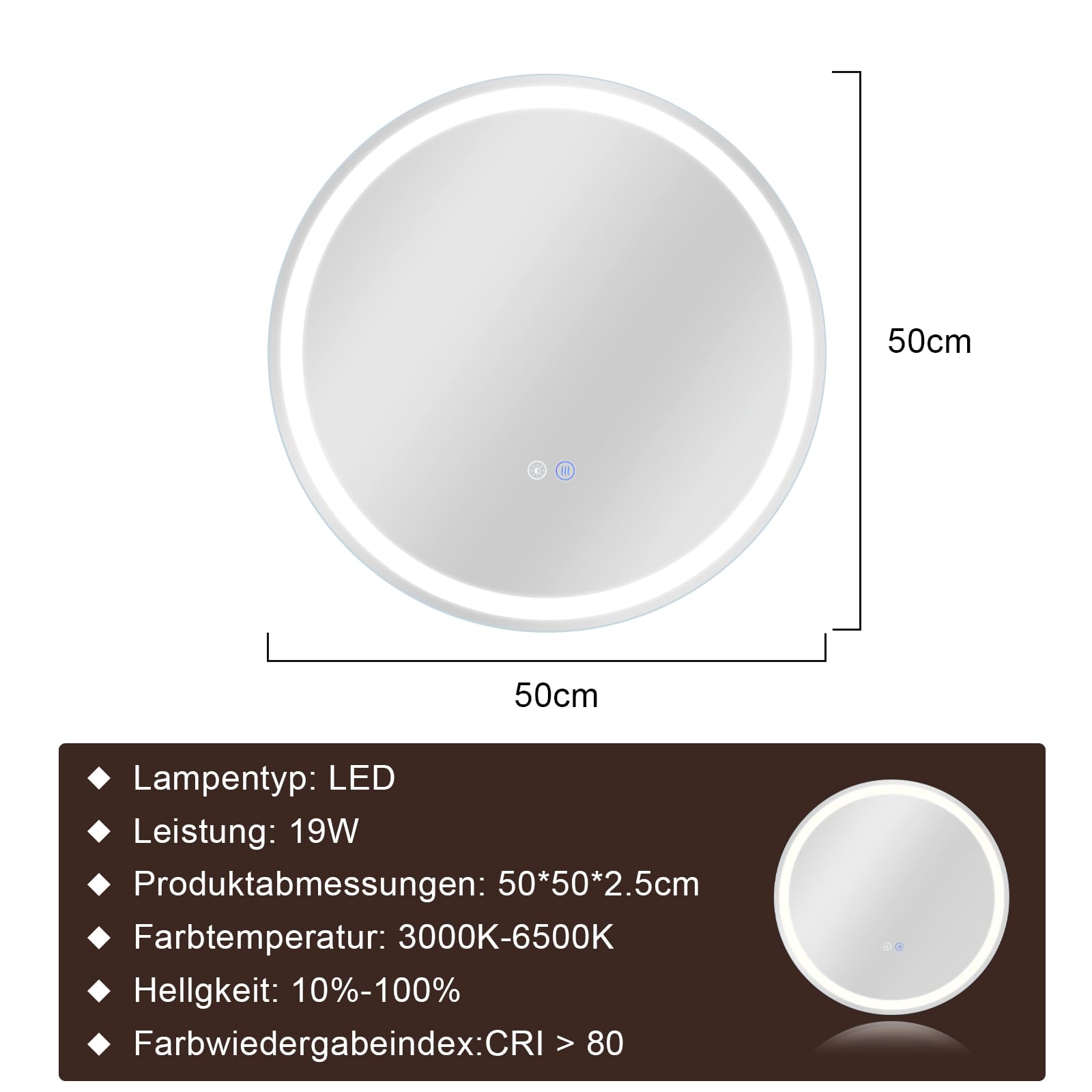 Rund Badspiegel Mit Beleuchtung - LED Bad Wand Spiegel Badezimmer Wandspiegel Mit Licht, IP44 50 cm Runder Badezimmerspiegel Bathroom Mirror Mit Beleuchtet und Entfogger-Funktion