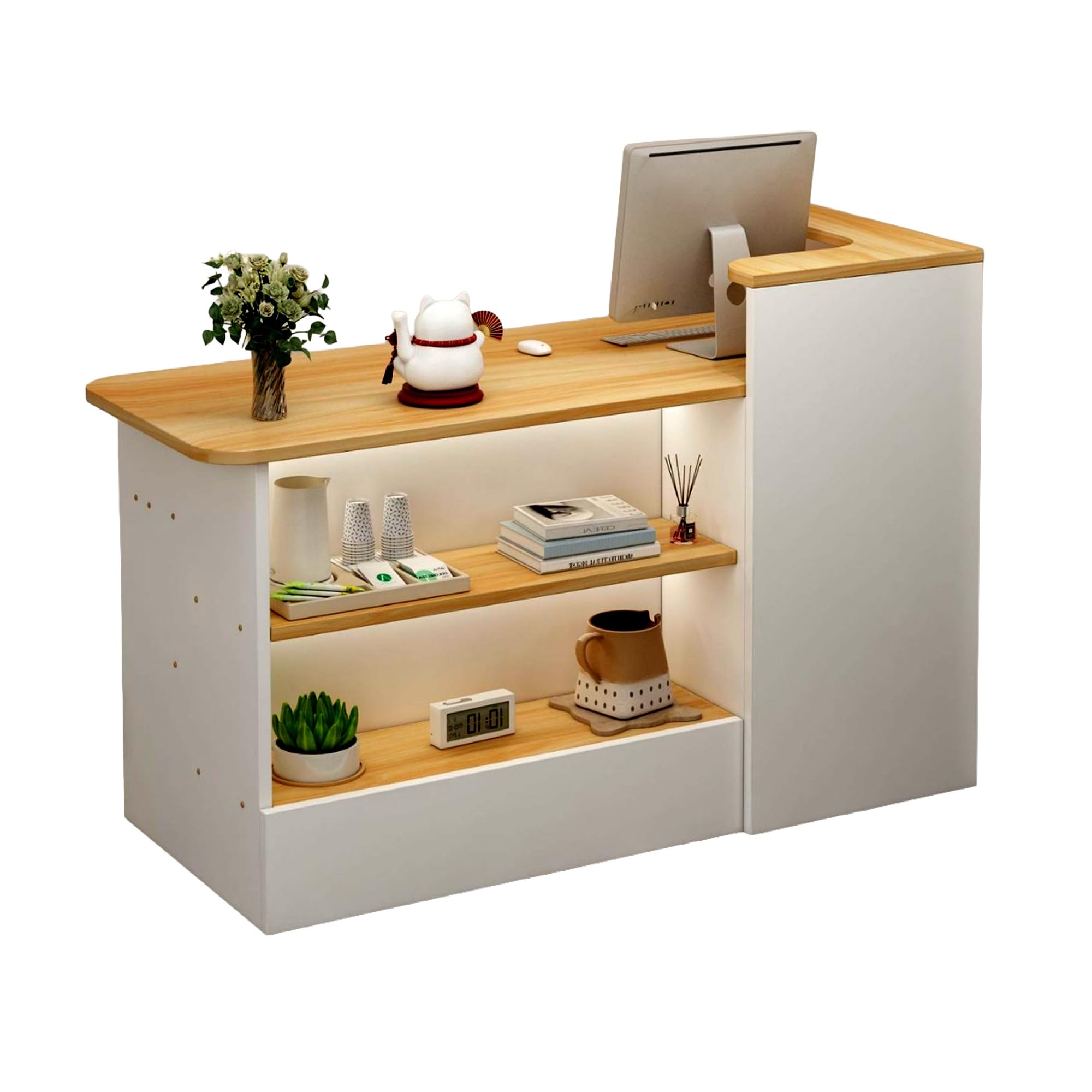 Mostrador de recepción con cajón y estantes Abiertos con Esquinas Redondeadas for Oficina, salón, Tienda y cafetería(Beige-Right,120cm)