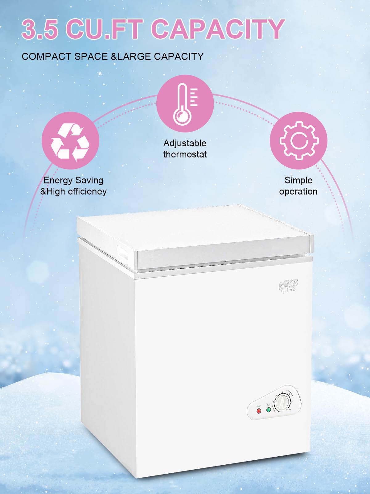 Krib Bling Chest Freezer Adjustable Thermostat Compact Freezers With Removable Storage Basket For House Kitchen Garage Basement 3.5 Cu.Ft White on Fridge.com - View 2