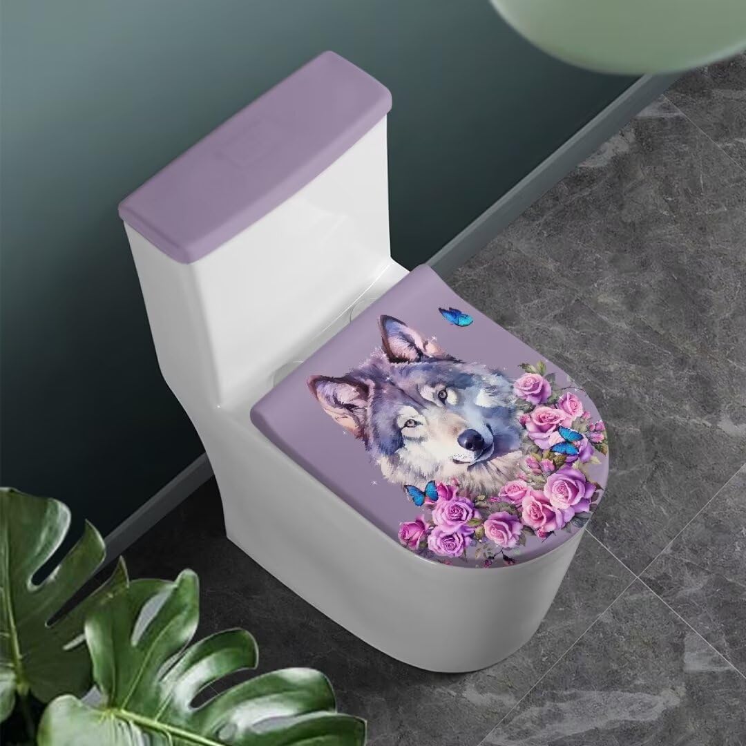NRBEAWD Soft Stretch Bathroom Standard Toilet Seat Lid Cover Wolf Floral Machine Washable Toilet Lid Dust Cover Toilet Tank Lid Pads Universal Fit Home Decoration