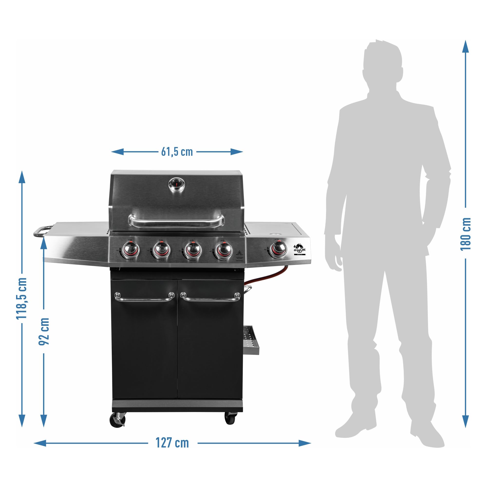 BROWIN® dragON BBQ101 | Grill Gazowy | BBQ | Wielofunkcyjny | Stal nierdzewna | Grill na 4 kółkach | 4 Palniki Główne | Palnik Boczny | 60 x 36,5 cm | 11,7 kW | Czarno-Srebrny