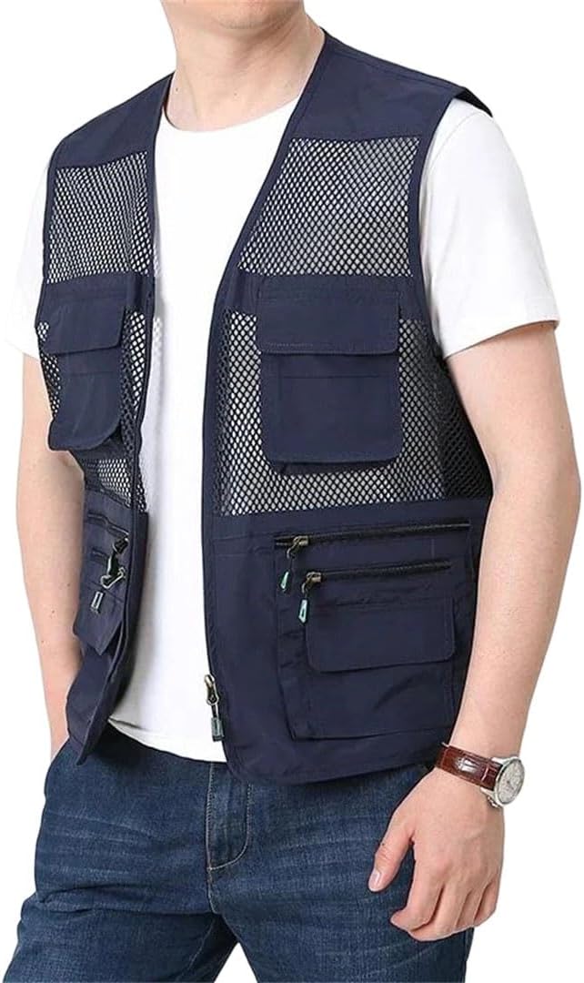 Chaleco para hombre de malla fina de secado rápido con múltiples bolsillos para pesca al aire libre