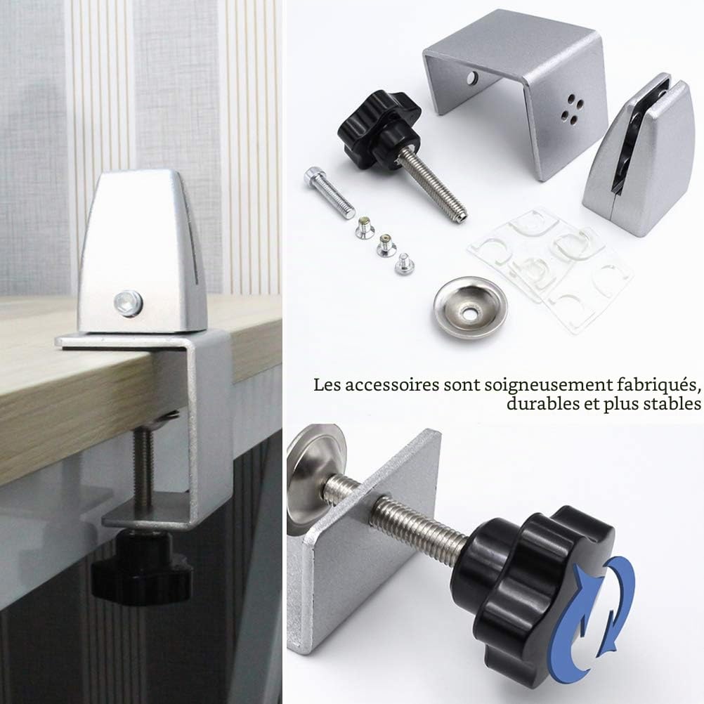 N+B - Lot de 2 pinces de séparation de bureau - Pince de table multifonctionnelle en aluminium pour plexiglas - Support de confidentialité pour écran de bureau - Argenté