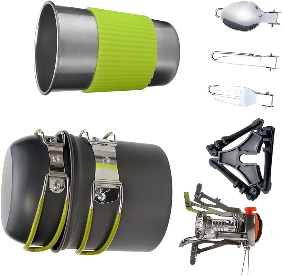 Gas Furnace Pot Set Camping Cookware for Outdoor Activities Lightweight Picnic Cooking Equipment Green Handle for Hiking and Family Gatherings