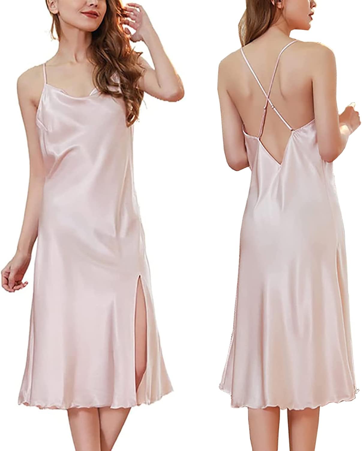 Womens Satin Nightgown Long Sleeveless Night Gowns Satin Silk Chemise Lingerie Slip Dress Nightgown Dress for Ladies