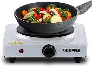 Geepas 1000W Single Hot Plate Precise Table Top Cooking – Cast Iron Heating Plate - Portable Electric Hob Single Burner with Adjustable Thermostat for Home Kitchen Camping & Caravan Cooking, Compact