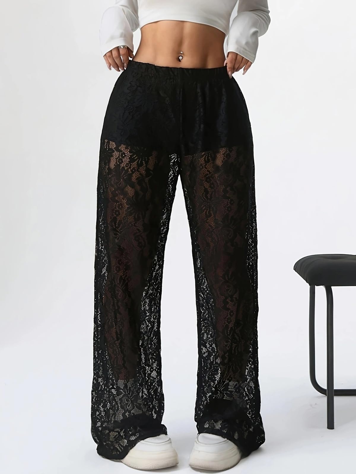 Générique Pantalon Chic en Dentelle Transparente pour Femme Taille Haute Coupe Flatteuse avec Doublure intérieure
