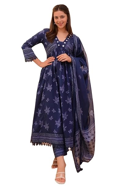 Nermosa Women Printed Anarkali Kurta and Pant Set with Dupatta