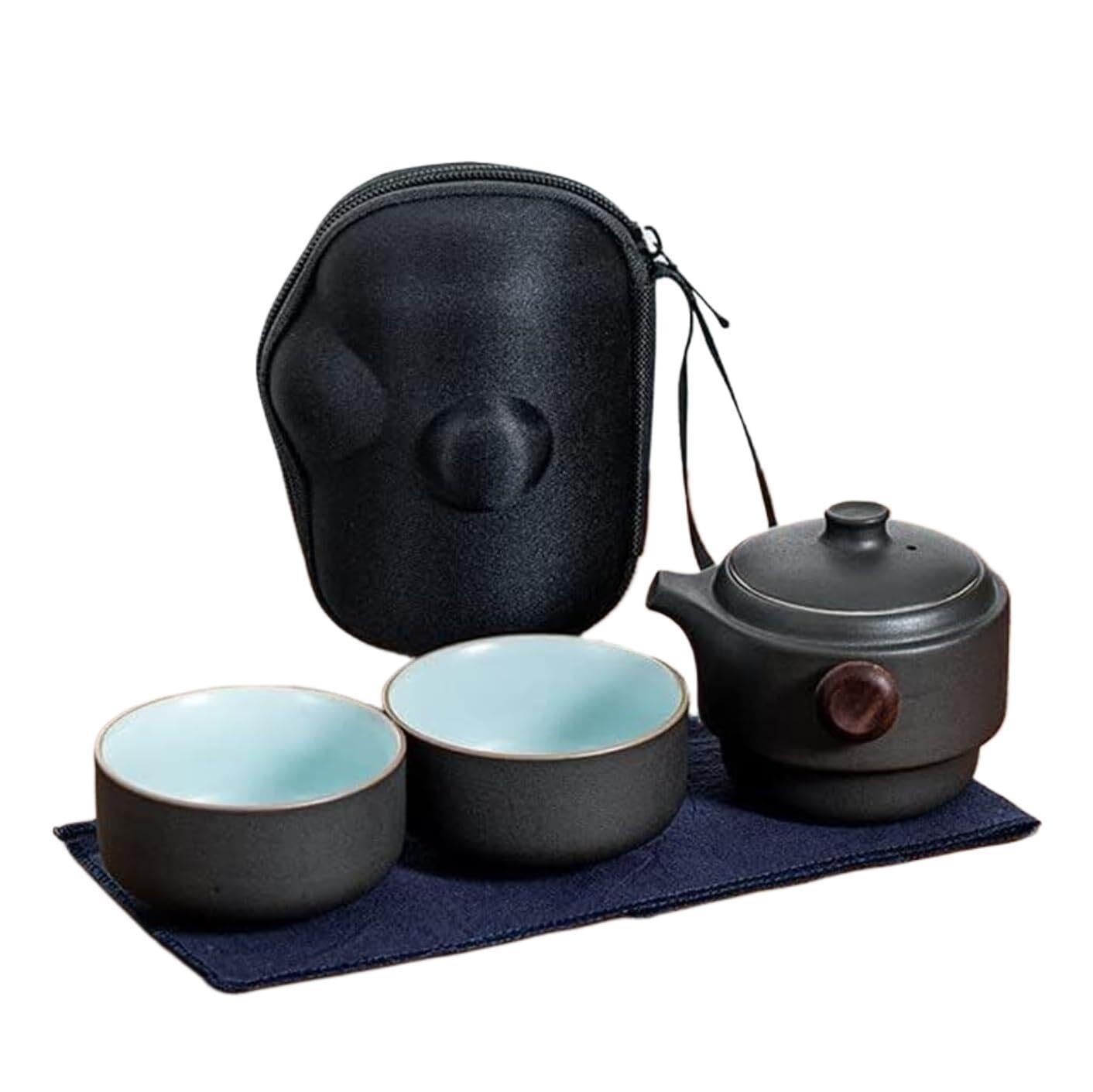 Ceramiczny Zestaw Do Herbaty | Podróż wielokolorowa: 1 garnek 2 filiżanki z torbą do przechowywania(Schwarz)