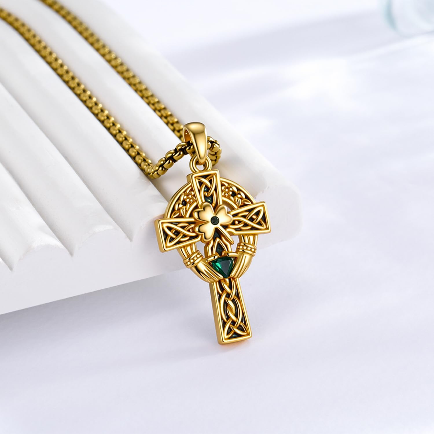 14K Gold Plating Celtic Cross Necklace 925 Sterling Silver Celtic Tree of Life cross pendant Abalone Shell Cross Necklac for Men Religious Protective Jewelry Gift For Men Women - Image 2