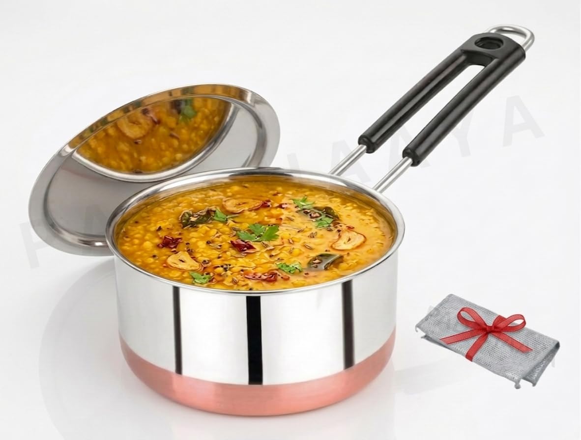 Steel Sauce Pan Induction & Gas Compatible Tea Pan with Heavy Lid Milk Boiler Tapeli Patila Cookware with Handle Durable and Easy to Clean with Dishwashing Rag (Free) (Copper-2 Liter)-image-26