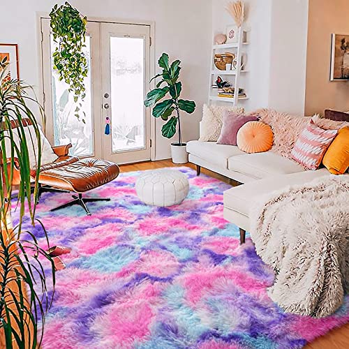 HOMORE Soft Fluffy Rug for Bedroom, Tie Dye Rugs for Living Room, Non Slip Shaggy Plush Carpet for Kids Nursery Toddler, 4x6 Feet Area Rugs for Room Floor, Hot Pink