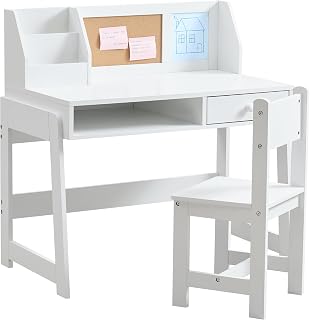 XNKL Kids Study Desk & Chair Set with Hutch, Storage Shelf & Drawer - Wooden Student Table for Homeschool, Safe Rounded Edges