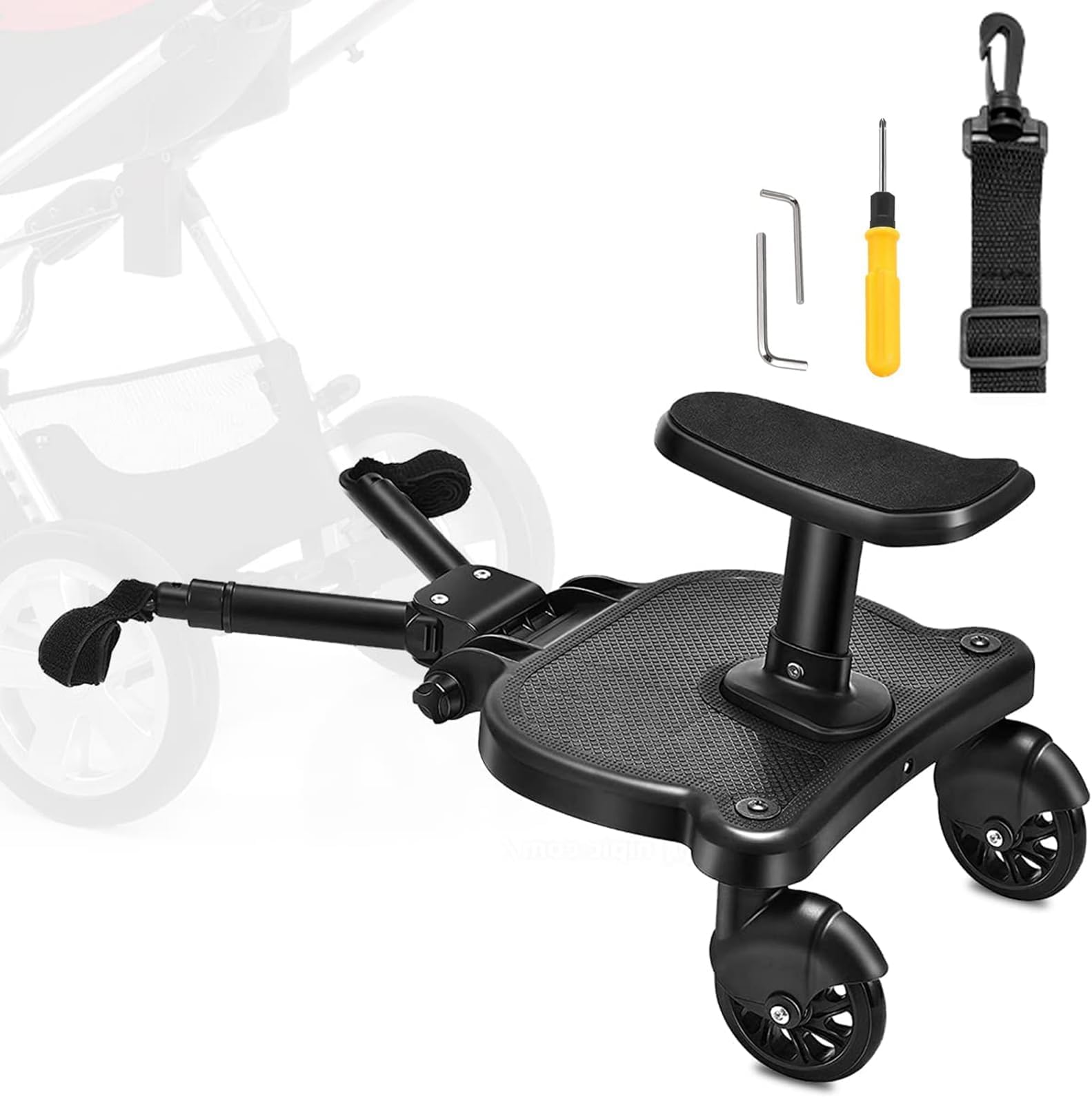 SEAAN Universal Buggy Board with Seat, Kiddy Board, Pram Standing Board with Stable Two Wheel Design, 360° Rotation Buggy Board fits 99% Baby Carriages (Black) for Children from 2-6 Years (25kg)