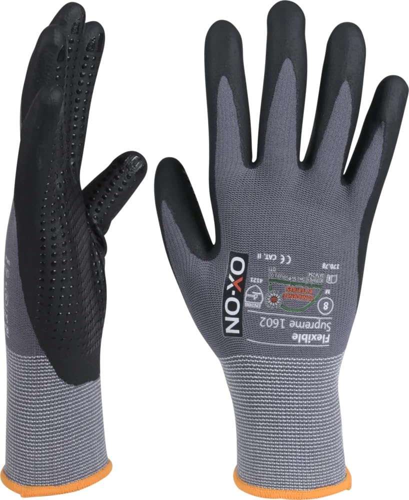 OX-ON Flexible Supreme 1602 Arbeitshandschuh Montagehandschuh | 170.80 | Nopperl - Handfläche genoppt | Nitrilbeschichtung | Größe 7 (S) bis 11 (XL) | 45% Nylon, 35% Nitrile, 20% Lycra (12, 10 (XL))